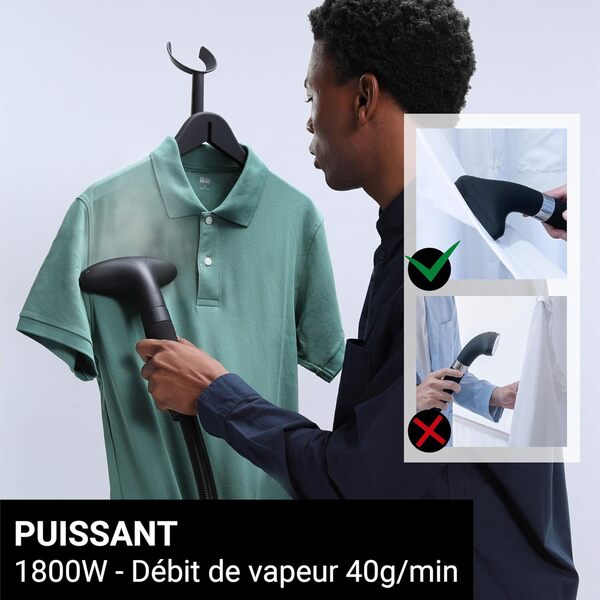 STEAMONE - Steamer Défroisseur à vapeur 1800W 40g/min - Steamer vertical - Autonomie 45min - Capacité réservoir 1,8L - Elimines 99,99% d'impuretés - Prêt en 60s -Câble 2m - EUHG100B