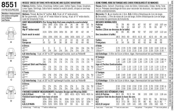 8551Simplicity 8551 Patron de robe ou tunique pour femme