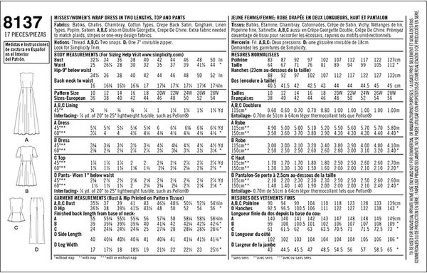 Simplicity 8137 Tailles Plus Taille Patrons de Robes/et Pantalon pour Couture, Blanc, Taille AA