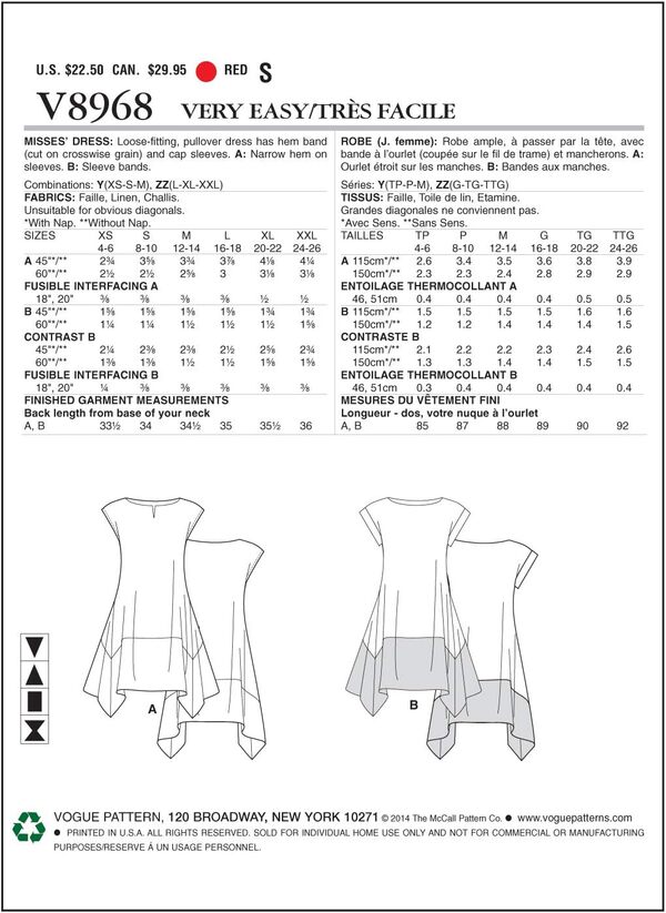 Vogue Patterns 8968 ZZ Patrons de Tuniques pour Femme Multicolore Tailles L/XL/XXL