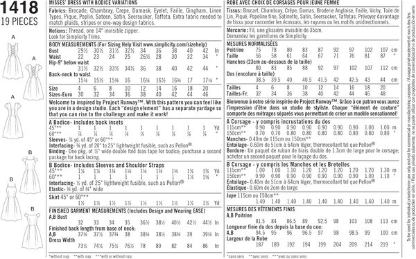 Simplicity 1418 Taille P5 Robe Patron de Couture avec Corsage Variations