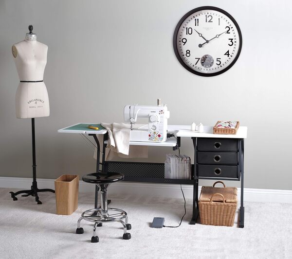 Sew Ready Eclipse Ultra Hobby Tiroirs de rangement supérieurs + grande étagère inférieure, peut également être utilisé comme bureau d'ordinateur, table de couture, noir/blanc