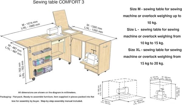 Comfort 3 | Table pour machine à coudre | (Lakeland Acacia Light, L (Air-Lifter to 15kg))
