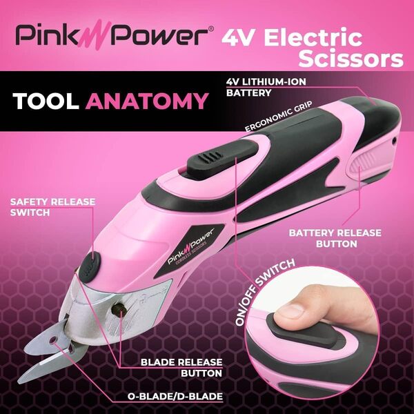 Pink Power Ciseaux électriques professionnels pour travaux manuels, couture, carton, moquette, scrapbooking - Ciseaux automatiques sans fil très résistants