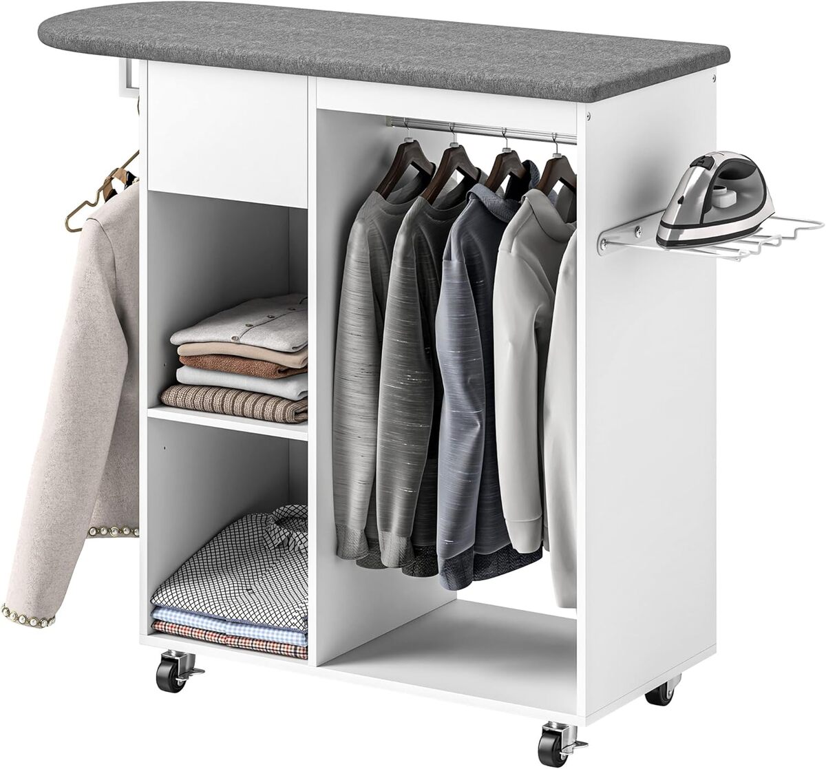 Test de l'armoire à repasser HOMCOM en bois avec roulettes et barre de suspension