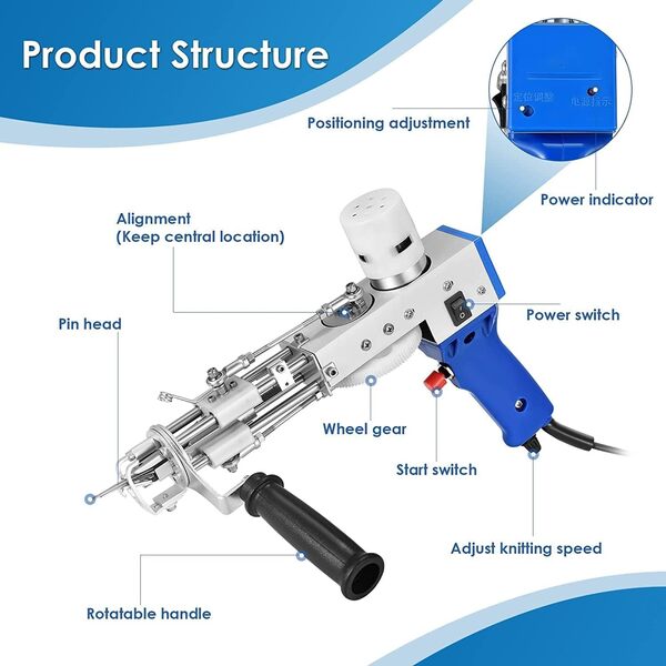 Aomdom Tufting Gun Cut Pile 5-40 Étapes/S Pistolet à Touffeter électrique 7-21 mm Réglable Tufting Pistolet Machine à Tricoter Les Tapis pour l'Artisanat Tapis Vêtements Bleu