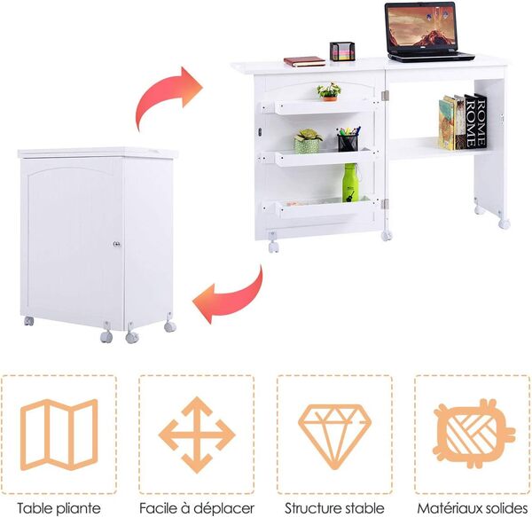 DREAMADE Table de Couture Pliante, Meuble Machine à Coudre en Bois avec 3 Étagères,Bureau Couture avec roulettes, 117X40X78CM (Blanc)