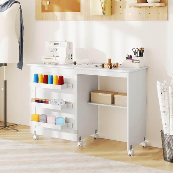 COSTWAY Armoire pour Machine à Coudre Pliante, Table de Couture avec 3 Etagères pour Bobines et roulettes verrouillables en Bois (Blanc)