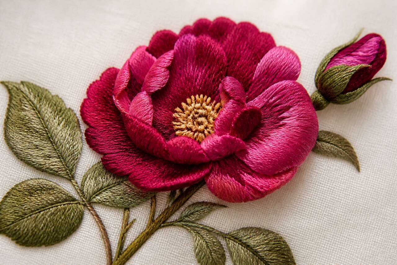 Broderie rosa gallica par Maheka : découvrez l'art du fil
