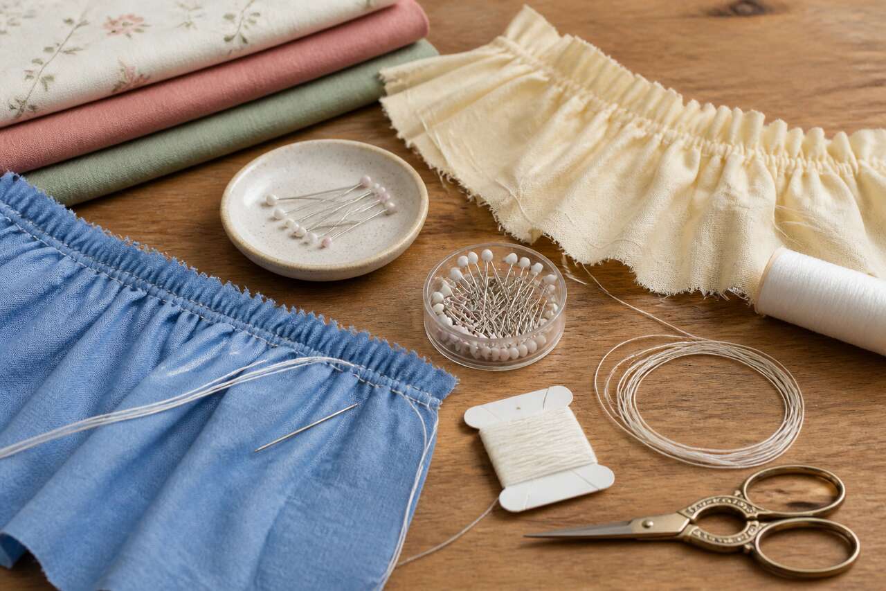 Alternatives selon le tissu et le mat&eacute;riel: pied fronceur, surjeteuse, fil &eacute;lastique, fronces &agrave; la main