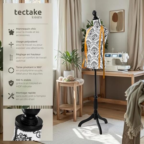Découvrez notre avis détaillé sur le buste mannequin floral tectake® : design élégant, ajustabilité optimale et qualité premium pour vos créations de mode.